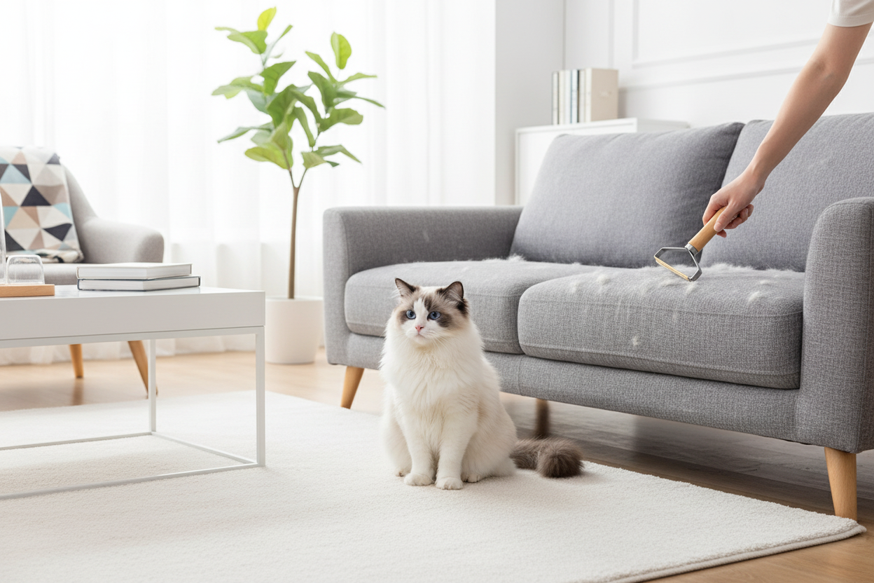 Person removing pet hair from sofa with lint roller while fluffy cat relaxes nearby