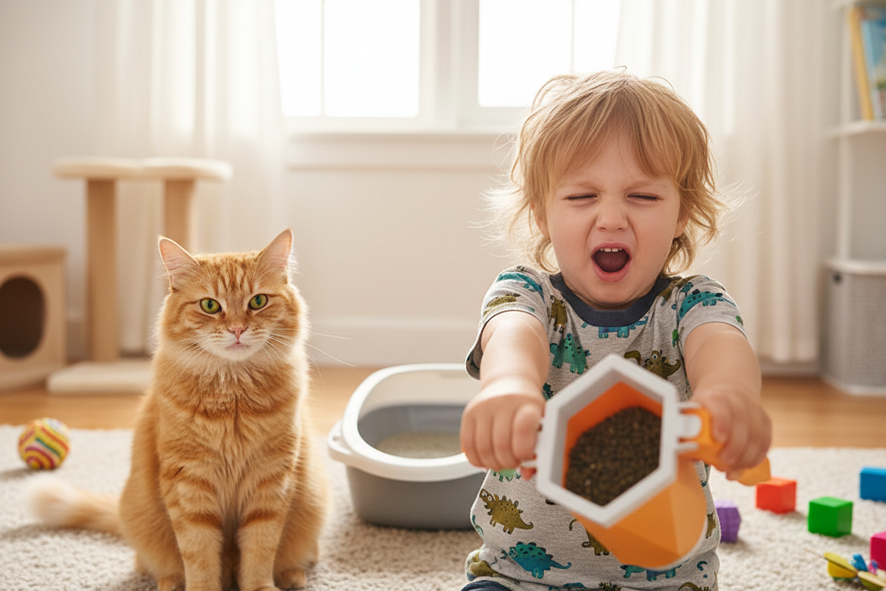Funny child holding cat litter scoop looking disgusted while cheeky cat looks proud