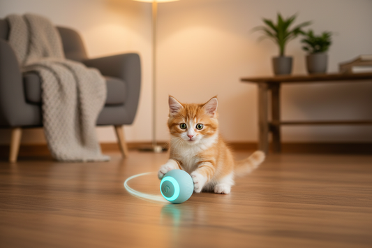 Cat playing with interactive rolling ball