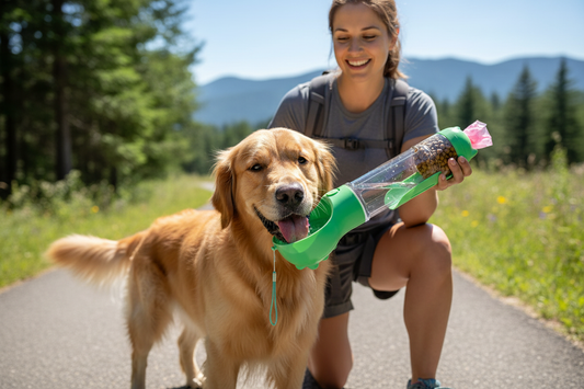 Dog drinking from portable water bottle
