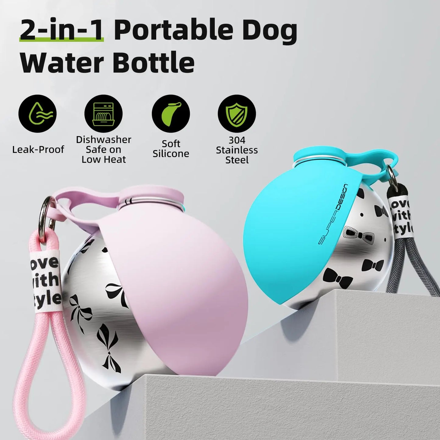 2-in-1 Portable Dog Water Bottle – Stainless Steel & Silicone Travel Bottle for Dogs