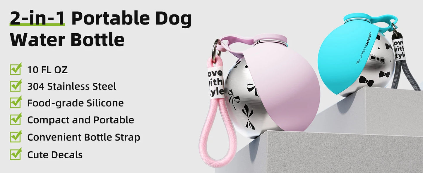2-in-1 Portable Dog Water Bottle – Stainless Steel & Silicone Travel Bottle for Dogs