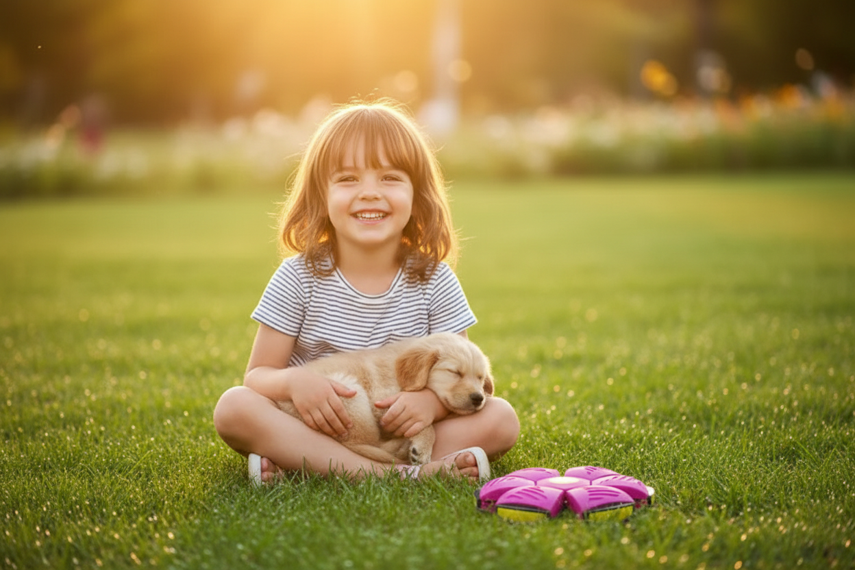 Child sitting on grass with cute puppy and dog frisbee