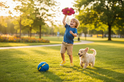 Child playing with baby puppy and dog frisbee in the park