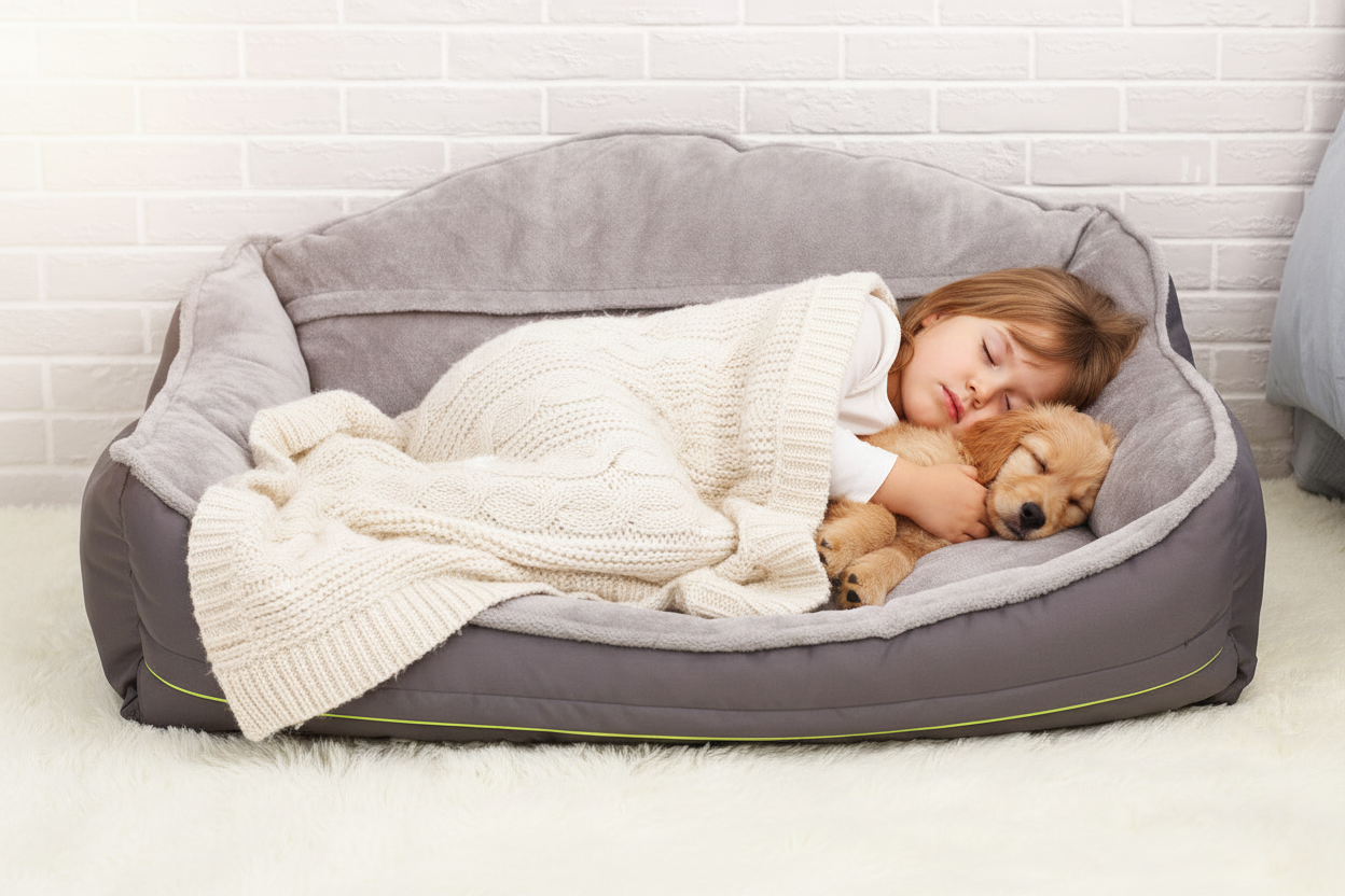 Little puppy and child snuggled together on a luxury dog bed