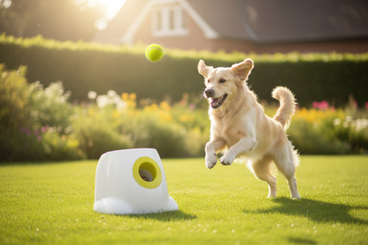 Excited dog chasing a ball launched by an automatic ball launcher in a sunny garden