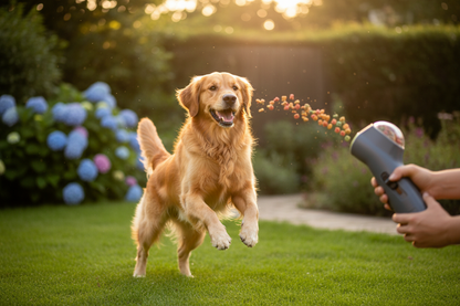 Happy golden retriever jumping to catch a treat launched in a sunny garden